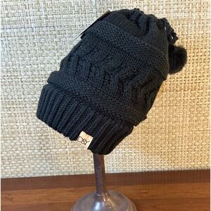 D&Y Black Ponytail Acrylic Knit Beanie Hat & Snood Vegan Faux Fur Poms Unisex